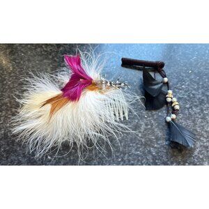 Vtg Lot Of 2 1970's Handmade Feathered Design Celluloid Hair Comb White Purple